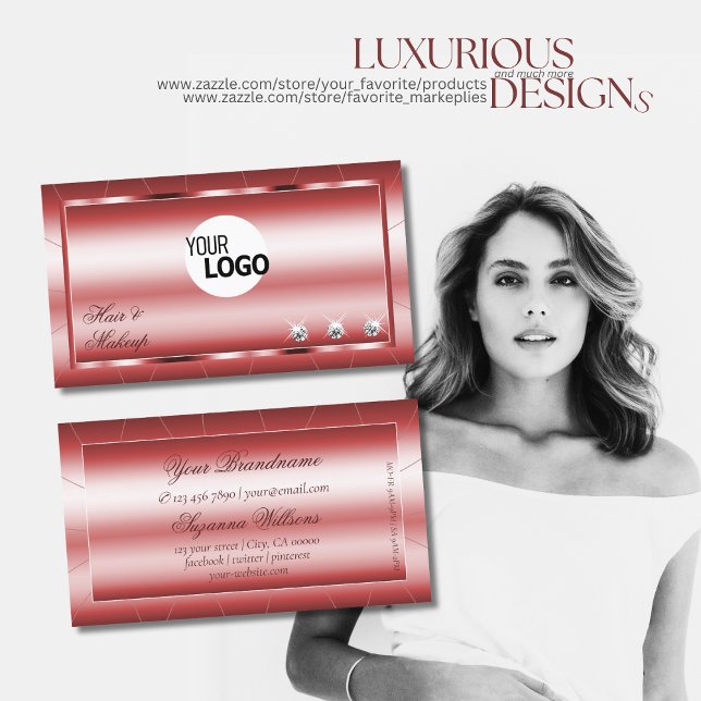 Carte De Visite Luxe Shimmery Red Modern avec diamants et logo (Créateur téléchargé)
