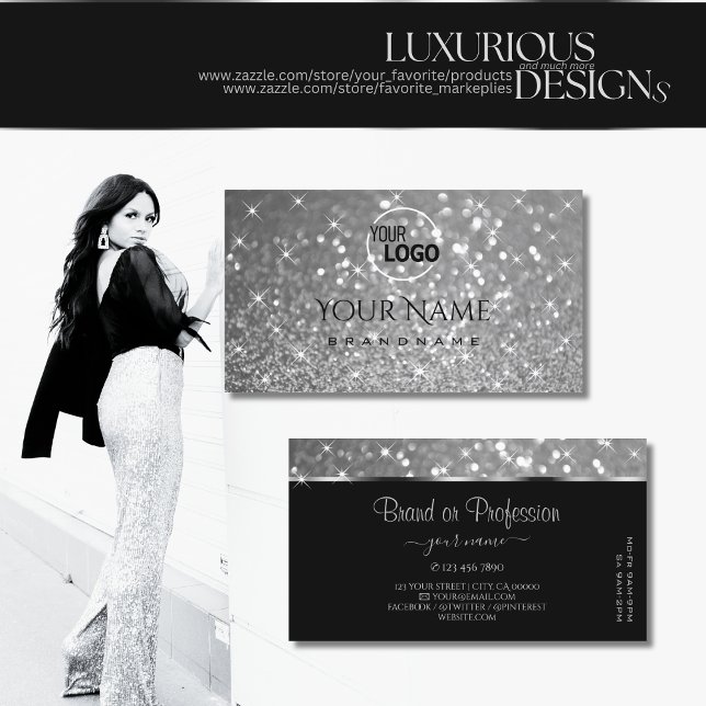 Carte De Visite Luxueuse Parties scintillant d'argent Étoiles lumi (Créateur téléchargé)