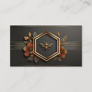 Carte De Visite Luxueux Abeille Dorée Hexagone Floral Minuit Noir