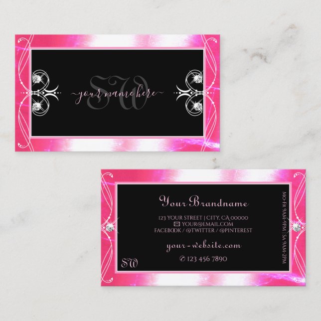Carte De Visite Luxueux Bijoux en rose noir ornementaux Initiales (Devant / Derrière)