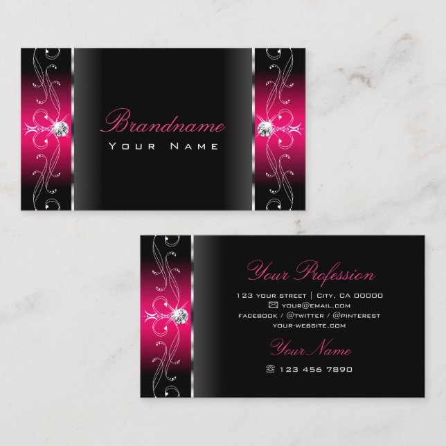 Carte De Visite Luxueux bijoux en vison rose noir ornemental (Devant / Derrière)