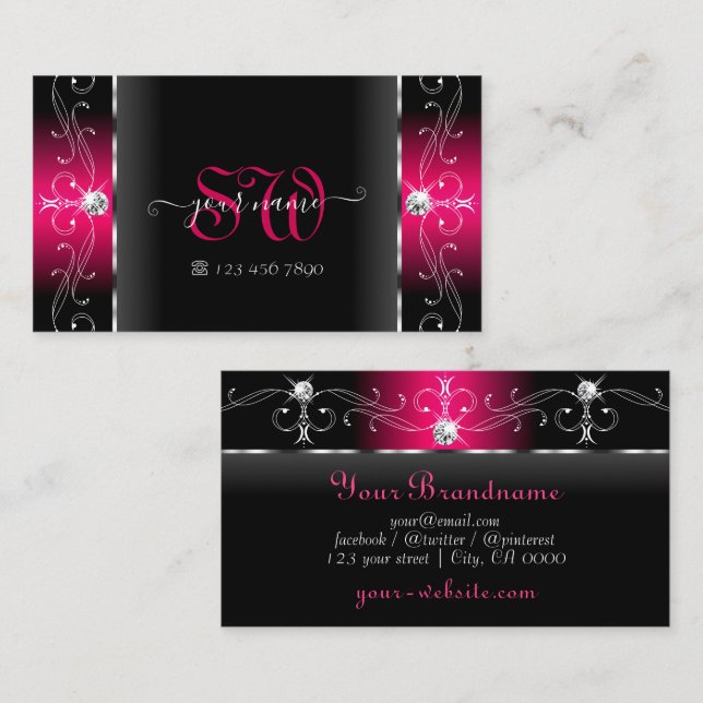 Carte De Visite Luxueux Black et rose bijoux squigglés Monogramme (Devant / Derrière)