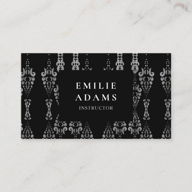Carte De Visite Luxueux Chic Argent Noir et Blanc Ornemental (Devant)