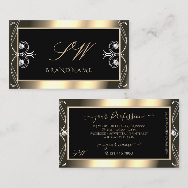 Carte De Visite Luxueux Diamants Étincelants Noir Or Monogramme (Devant / Derrière)