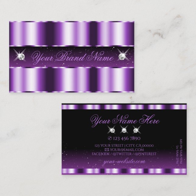 Carte De Visite Luxueux Diamants Étincelants Violets Noirs Élégant (Devant / Derrière)