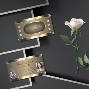 Carte De Visite Luxueux Gold Brown avec bijoux QR Code et photo