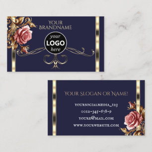 Carte De Visite Luxueux Gold Vintage Rose bleu foncé avec logo