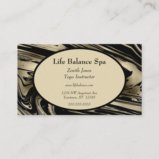 Carte De Visite Luxueux Marbre Noir et Or Spa Yoga Beauté (Devant)