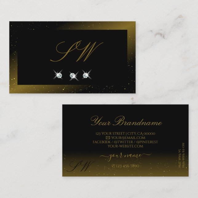 Carte De Visite Luxueux Noir et Or Bijoux étincelants Monogramme (Devant / Derrière)