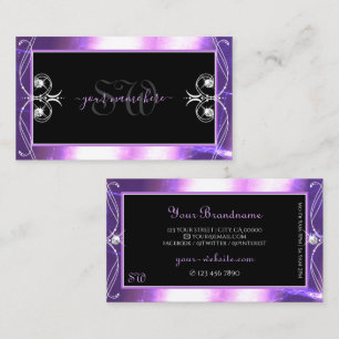 Carte De Visite Luxueux Orné Noir Violet Joyaux Étincelles Initial