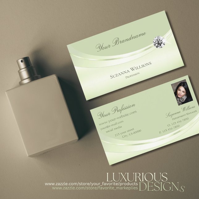 Carte De Visite Luxueux Pastel Sage Green avec photo et diamant (Créateur téléchargé)