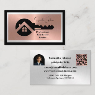 Carte De Visite Luxueux QR Photo Immobilier Noir & Or Rose