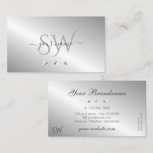 Carte De Visite Luxueux Silver Sparkle Diamonds Monogramme Élégant (Devant / Derrière)