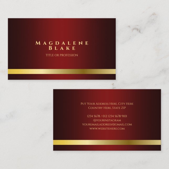 Carte De Visite Luxurious Gold Line Minimalist Red Burgundy (Devant / Derrière)