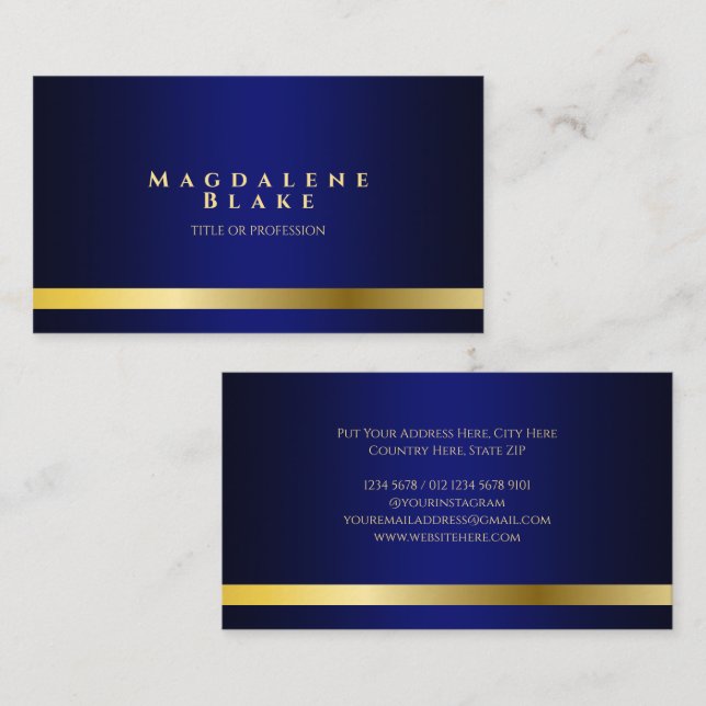 Carte De Visite Luxurious Gold Line Minimalist Royal Blue (Devant / Derrière)