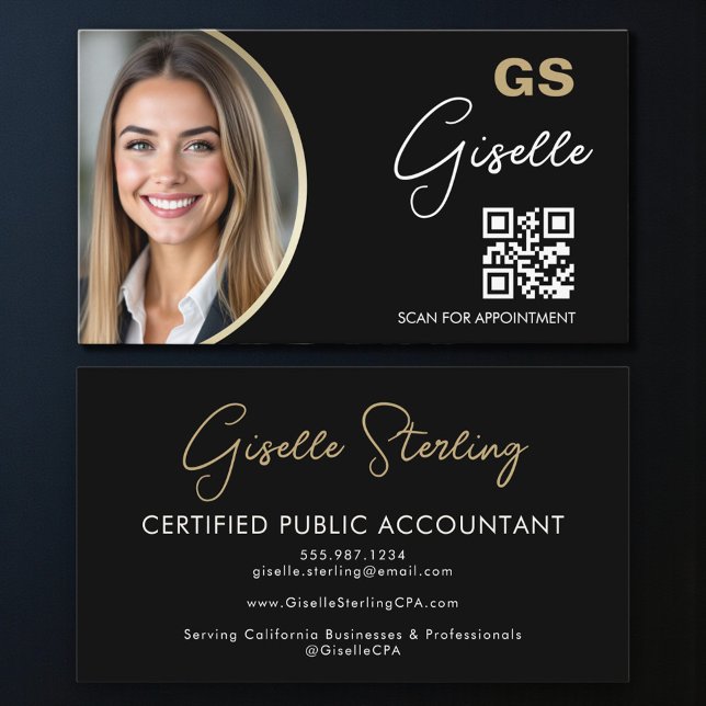 Carte De Visite Luxury Accountant CPA QR Code Black Gold Photo  (Créateur téléchargé)