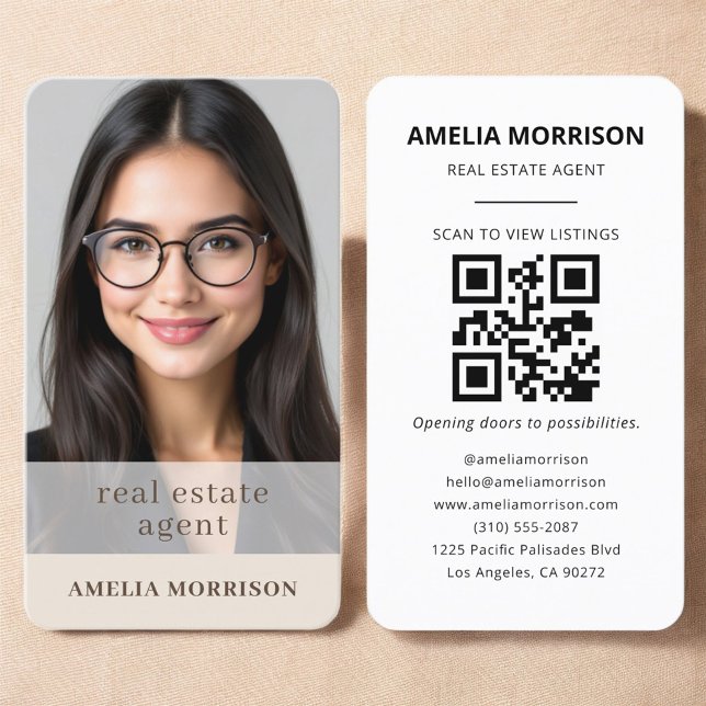 Carte De Visite Luxury Beige Real Estate QR Code (Créateur téléchargé)
