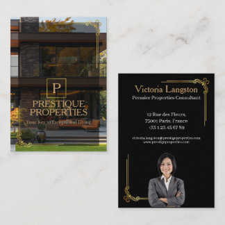 Carte De Visite Luxury Black Gold Real Estate Photo Monogram