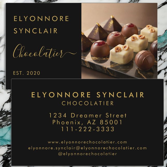 Carte De Visite Luxury Black Gold Script Chocolatier Photo (Créateur téléchargé)
