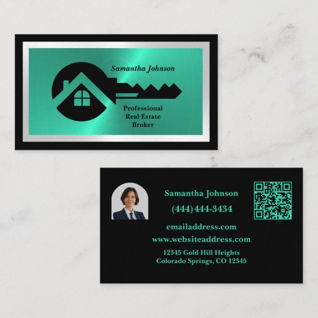 Carte De Visite Luxury Black & Turquoise QR Code Photo Real Estate (Devant / Derrière)
