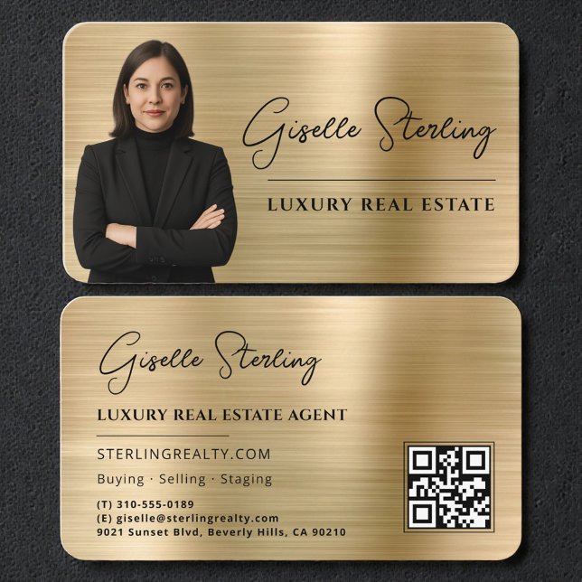 Carte De Visite Luxury Faux Gold Metallic Realtor Photo QR Code (Créateur téléchargé)