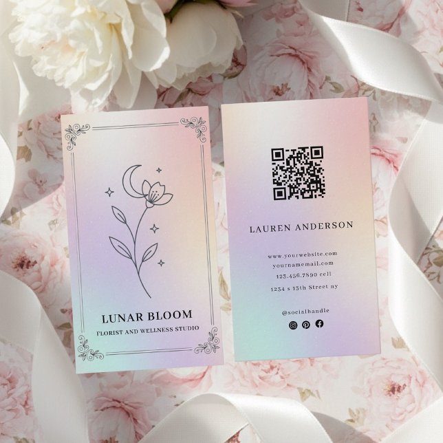 Carte De Visite Luxury Iridescent Holographic Floral QR Code  (Créateur téléchargé)