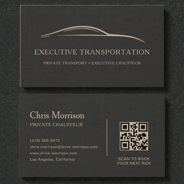 Carte De Visite Luxury Linen Transport Car QR Code Black & Gold (Créateur téléchargé)