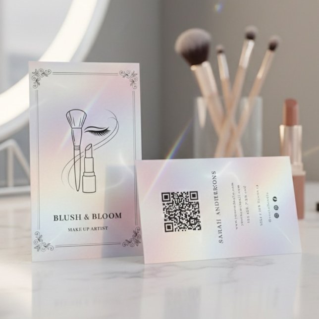 Carte De Visite Luxury Makeup Artist with QR Code | Holographic (Créateur téléchargé)