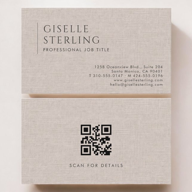 Carte De Visite Luxury Natural Brown Linen QR Code (Créateur téléchargé)