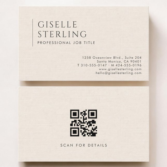 Carte De Visite Luxury Natural Ivory Linen QR Code (Créateur téléchargé)
