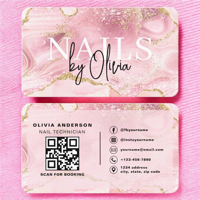 Carte De Visite Luxury Pink Marble Nail Tech Branding (Créateur téléchargé)