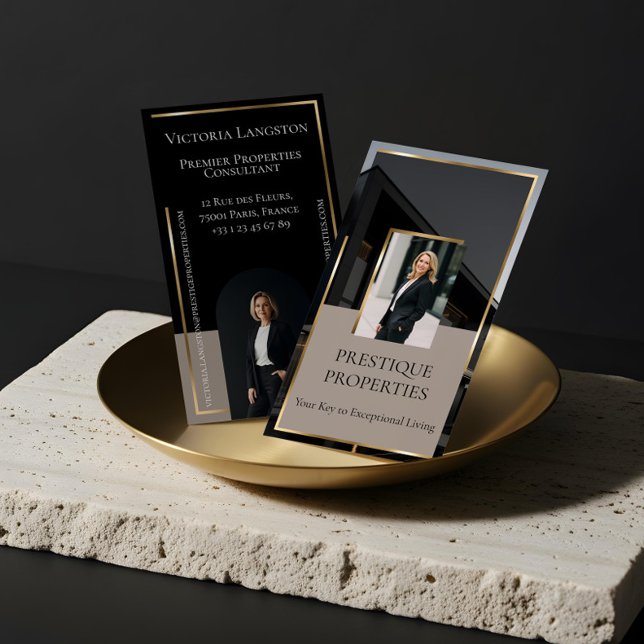 Carte De Visite Luxury Real Estate Black Gold Photo Monogram (Luxury Real Estate Black Gold Photo Monogram Business Card)