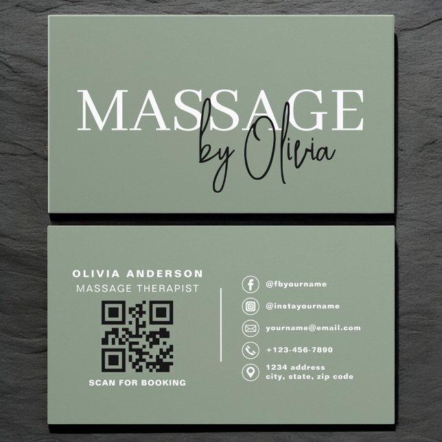 Carte De Visite Luxury Sage Green Massage Therapist QR Code  (Créateur téléchargé)