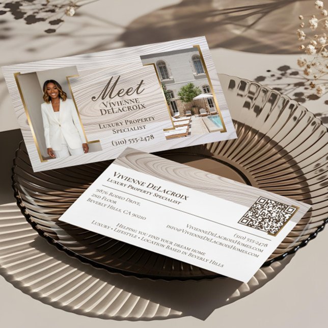 Carte De Visite Luxury Script Real Estate Agent Professional Photo (Luxury Wood Professional Photo Collage Elegant Business Card)