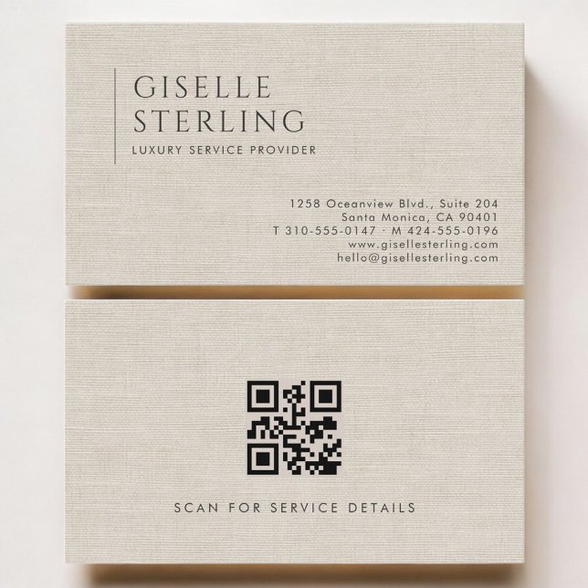 Carte De Visite Luxury Service Provider Neutral Linen QR Code (Créateur téléchargé)