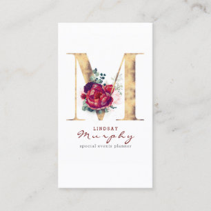 Carte De Visite M Monogramme Bourgogne Fleurs rouges et Parties sc