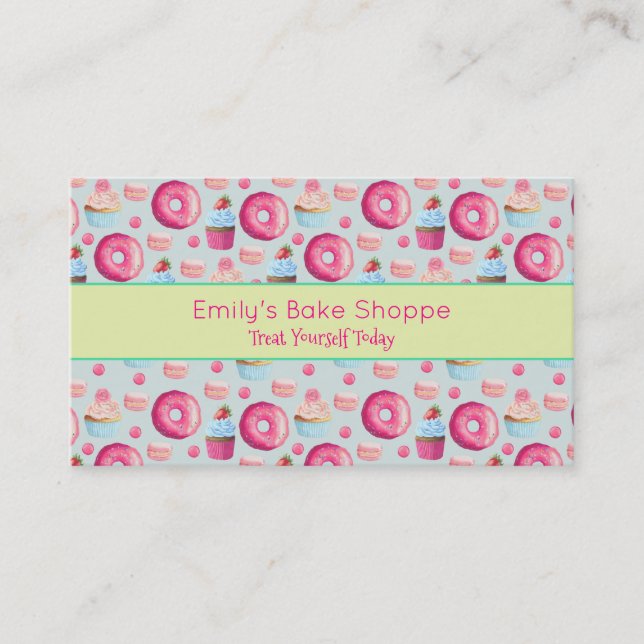 Carte De Visite Macarons À Bain Et Motif À Cupcake En Aquarelle (Devant)