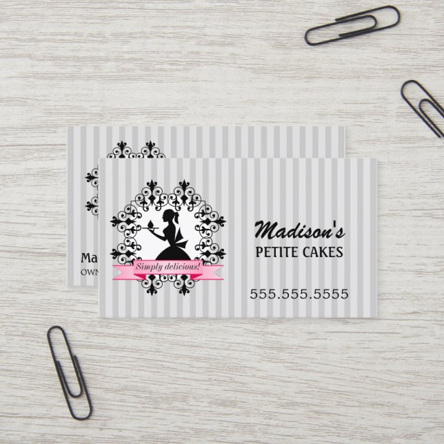 Carte De Visite Madame Cupcake Silver et rose de silhouette (Devant/Arrière en situation)