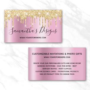 Carte De Visite Magasin en ligne Gold Glitter Drips Pink Shimmer