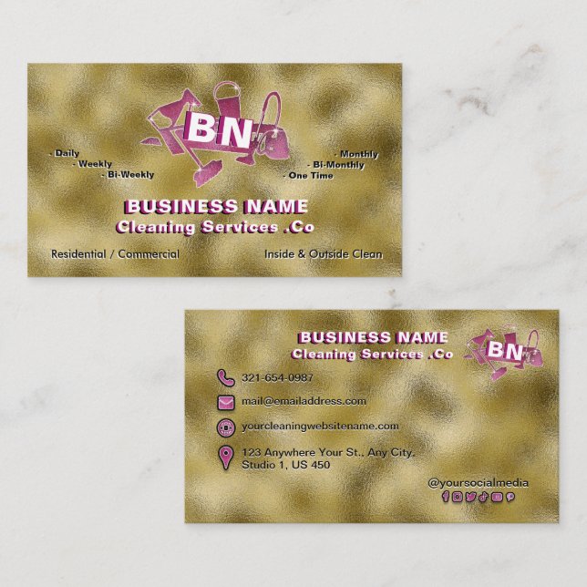 Carte De Visite Magenta Pink Service de nettoyage Logo Shiny Gold  (Devant / Derrière)