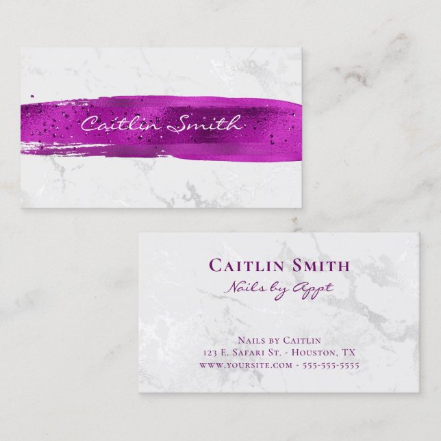 Carte De Visite Magenta Purple Brush Stroke Blanc Foil Marbre (Devant / Derrière)