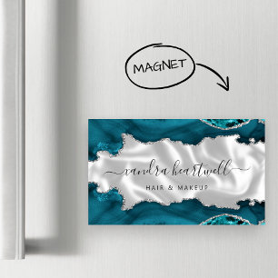 Carte De Visite Magnétique Agate Bleu Sarcelle Paillettes Argent Luxe