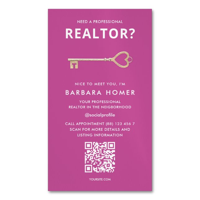Carte De Visite Magnétique Agent immobilier moderne Realtor Pink QR (devant Vertical)