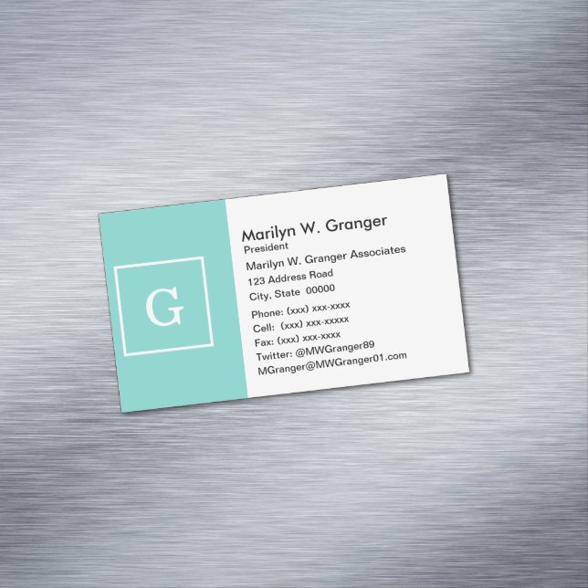 Carte De Visite Magnétique Aqua Turquoise White Framed Initial Monogram (In Situ)