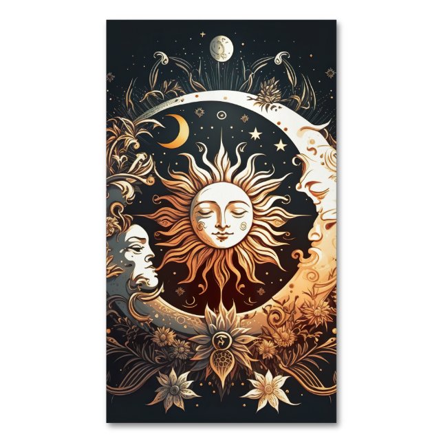 Carte De Visite Magnétique Aquarelle Soleil et Lune Céleste (devant Vertical)