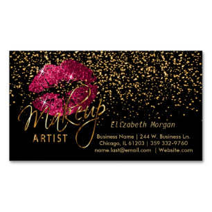 Carte De Visite Magnétique Artiste de maquillage avec Confetti Or & Lèvres ro
