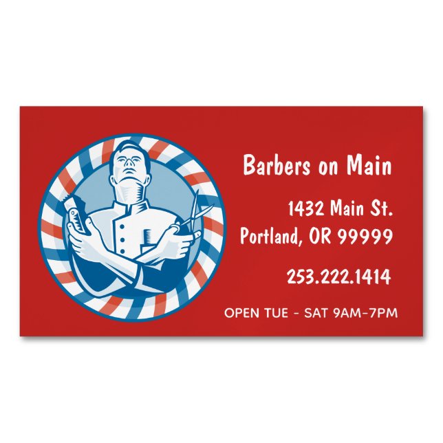 Carte De Visite Magnétique Badge en barbre rétro sur rouge (devant)
