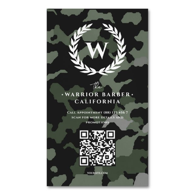 Carte De Visite Magnétique Barbier moderne Monogram Camouflage Barbier (devant Vertical)