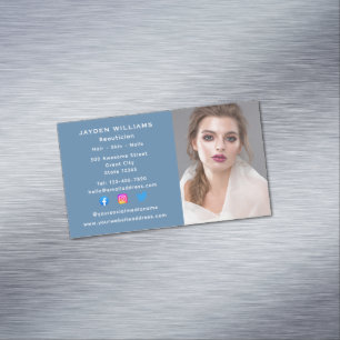 Carte De Visite Magnétique Blue Social Media Beauticier Cosmetologue Photo