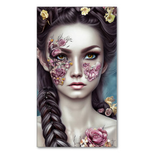 Carte De Visite Magnétique Boho Retro Imaginaire Girl avec fleurs